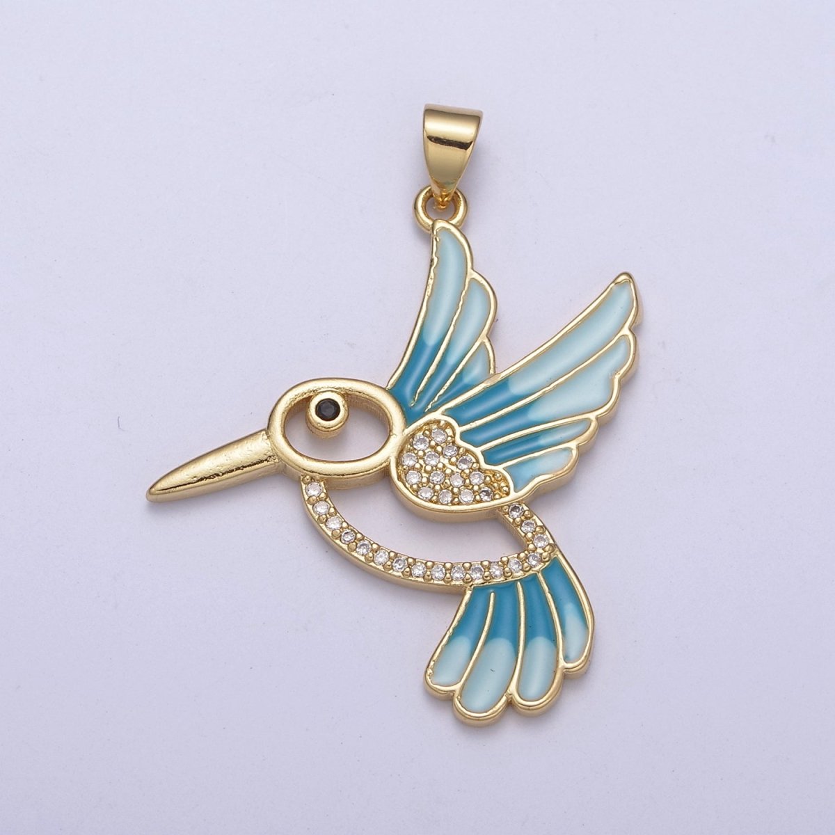 Blue Enamel Gold Hummingbird Charm 14k Gold Filled Humming Bird Pendant 38mmx31mm gold Cz Animal jewelry H-101