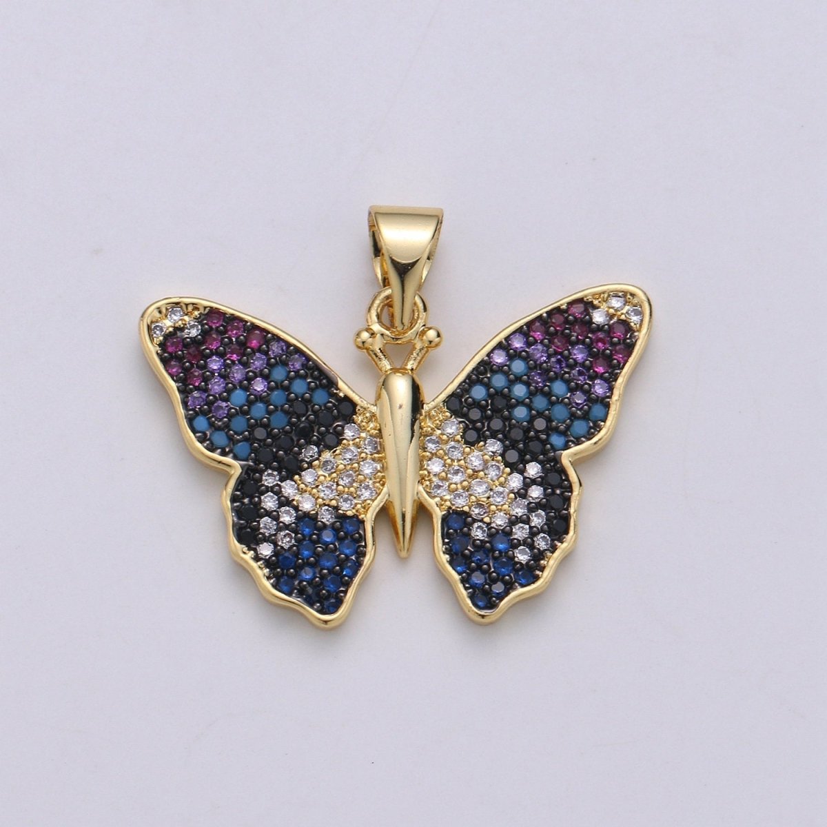 Blue Gradation Butterfly Micro Pave 24K Gold Filled Pendant, Cubic Zirconia Butterfly Pendant Charm Connector, For DIY Jewelry J-128