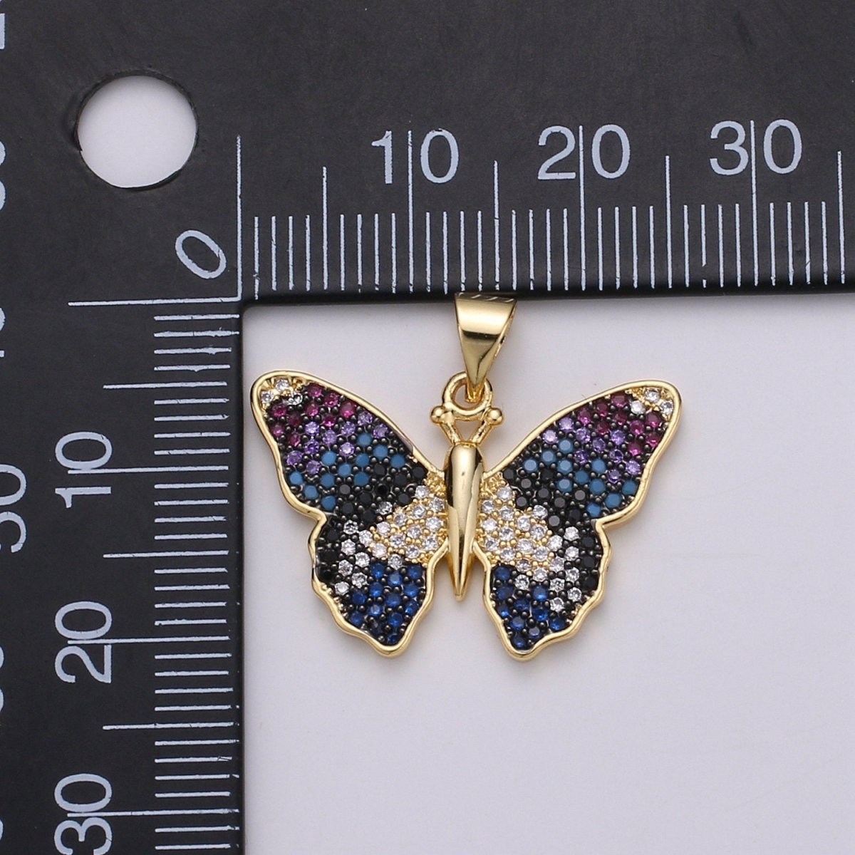 Blue Gradation Butterfly Micro Pave 24K Gold Filled Pendant, Cubic Zirconia Butterfly Pendant Charm Connector, For DIY Jewelry J-128