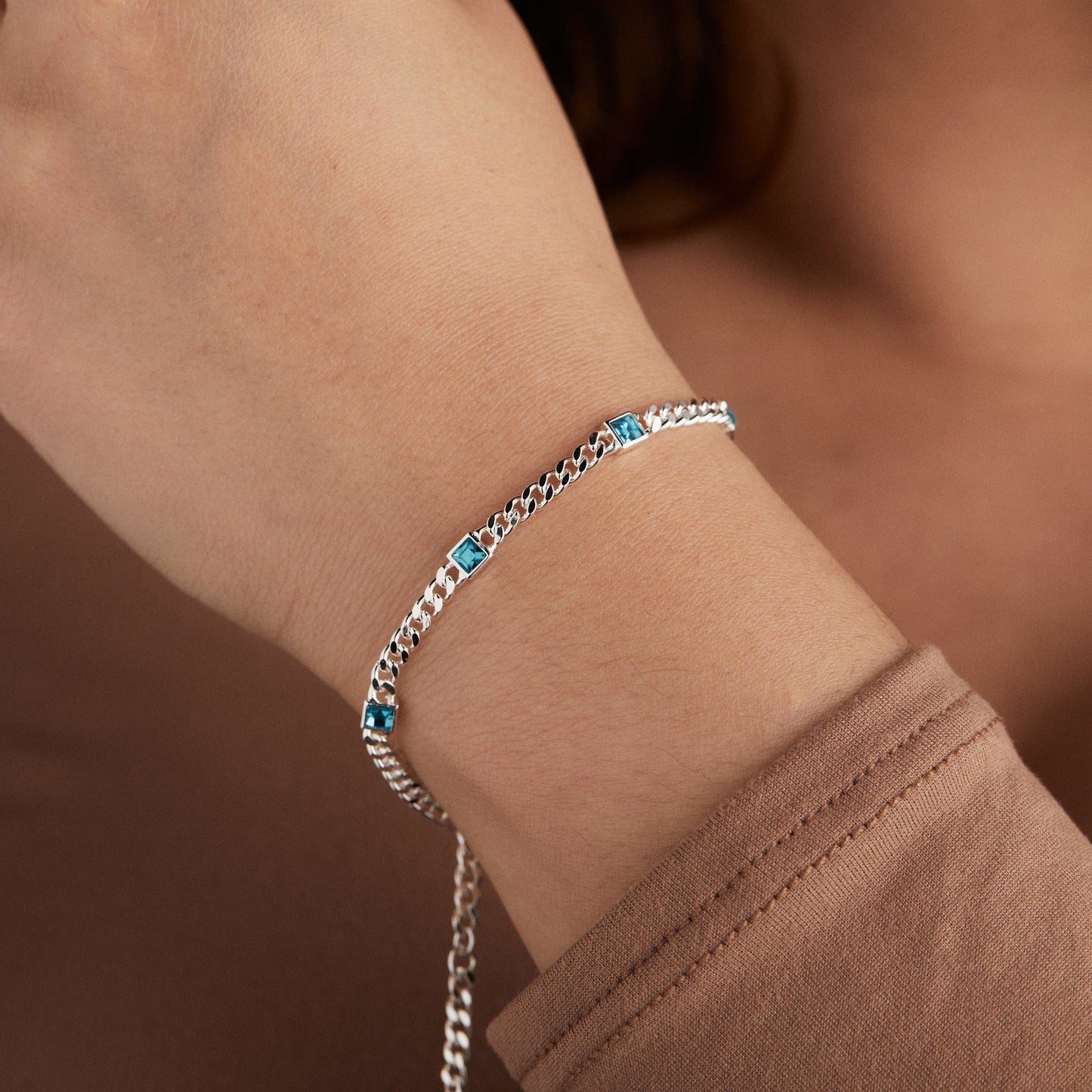 December Birthstone Blue Zircon Curb Chain Bracelet