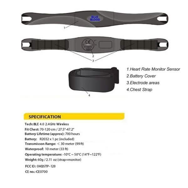 Ceinture pectorale sans fil de sport avec cardiofréquencemètre Bluetooth 4.0