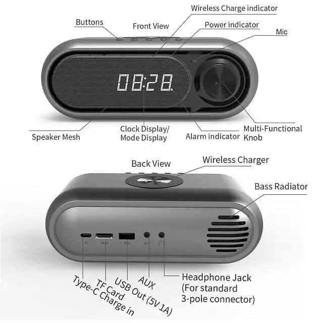Chargeur sans fil avec réveil et enceinte Bluetooth