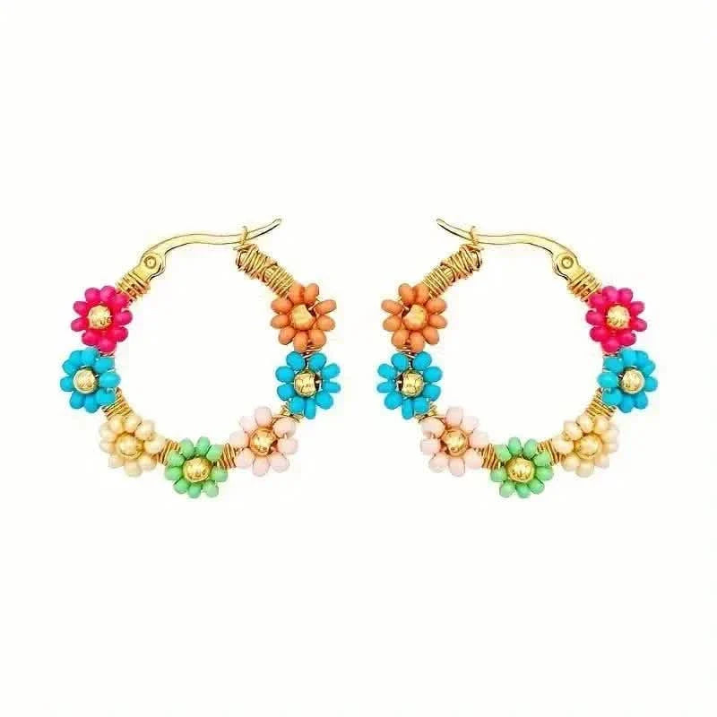 Boucles d'oreilles créoles avec perles et décor floral en acier inoxydable style bohème