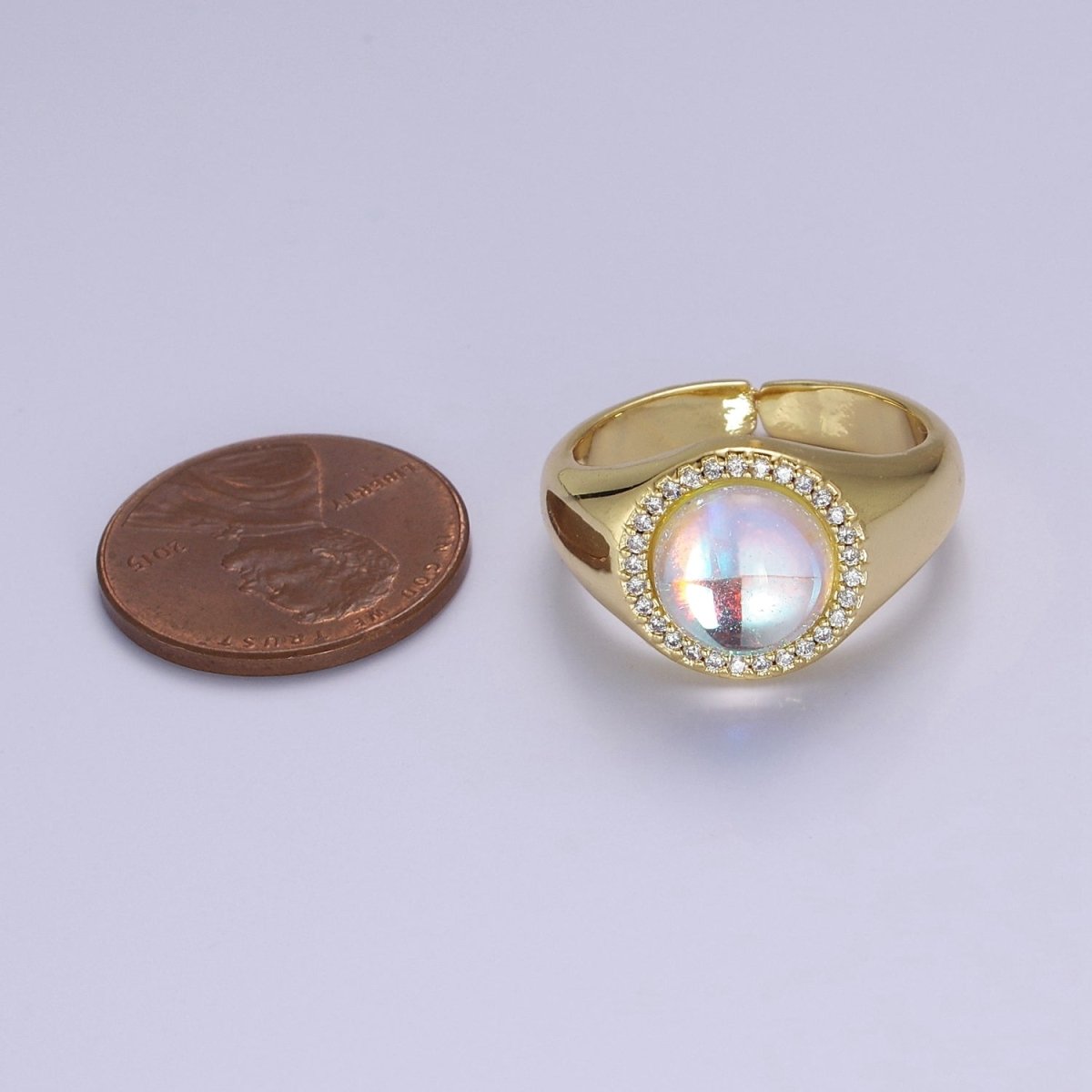 Bold Rainbow Moonstone Ring, Statement Signet Gold Ring Stackable Open Adjustable Ring O-2109