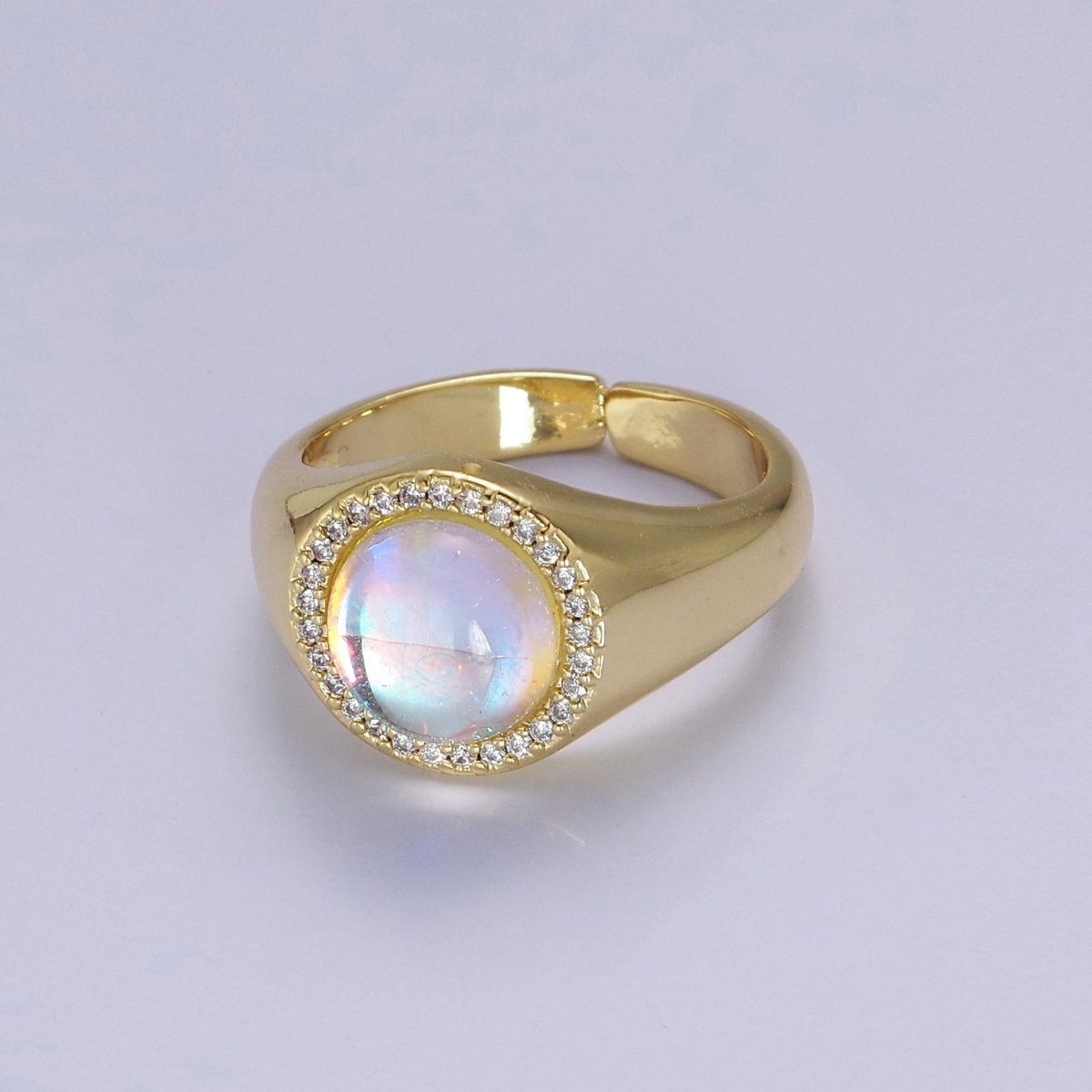Bold Rainbow Moonstone Ring, Statement Signet Gold Ring Stackable Open Adjustable Ring O-2109