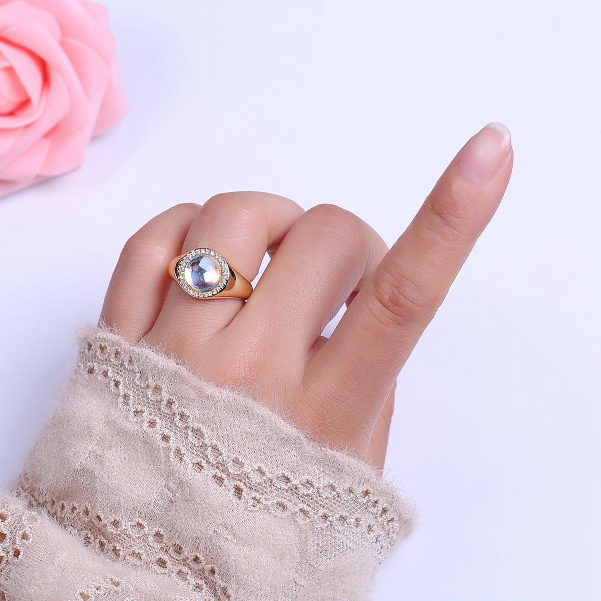 Bold Rainbow Moonstone Ring, Statement Signet Gold Ring Stackable Open Adjustable Ring O-2109