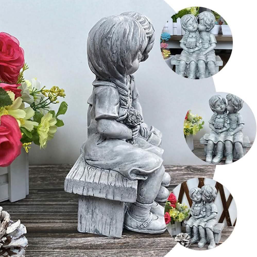 Boy Kissing Girl Statue Sitting on Bench Figurine