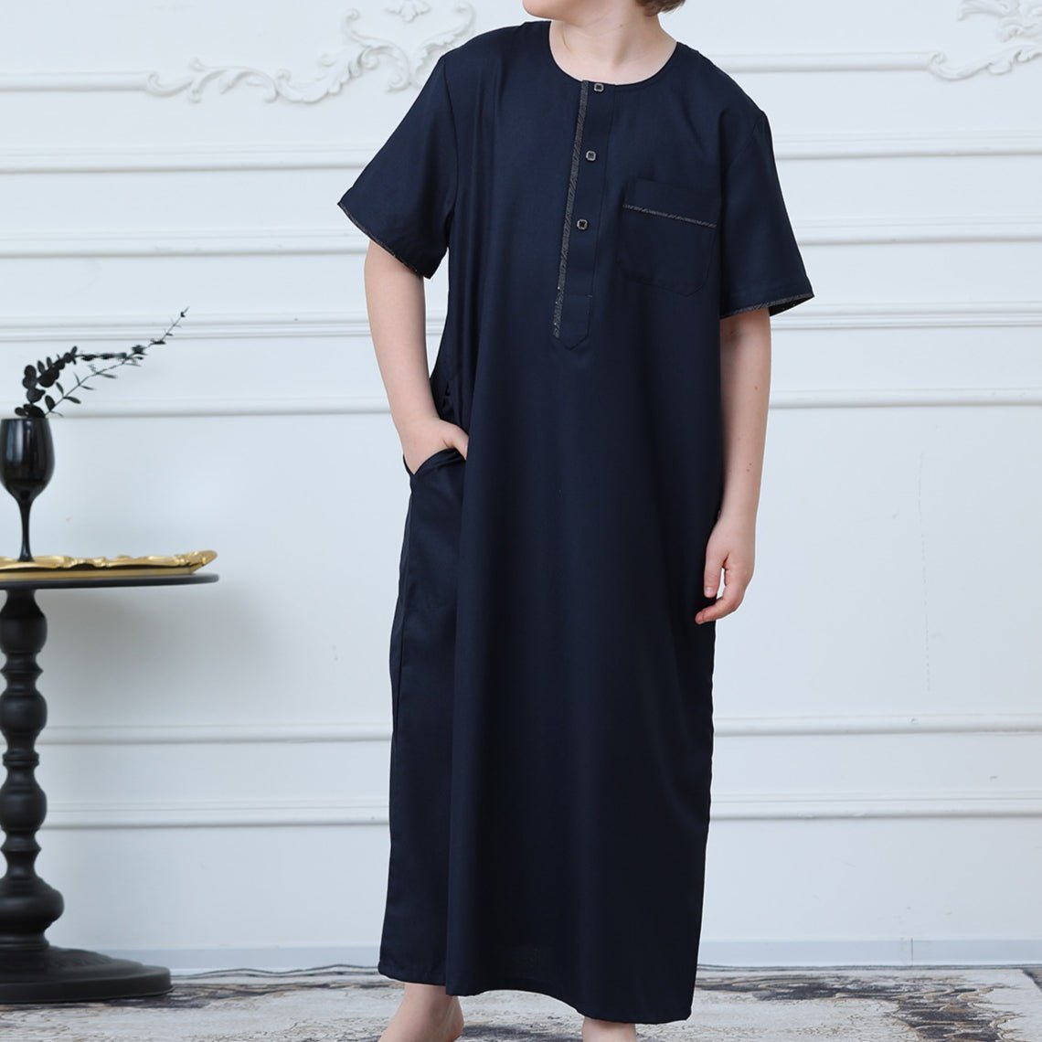 Boys Navy Short Sleeve Thobe with Chest Pocket (MKB022)