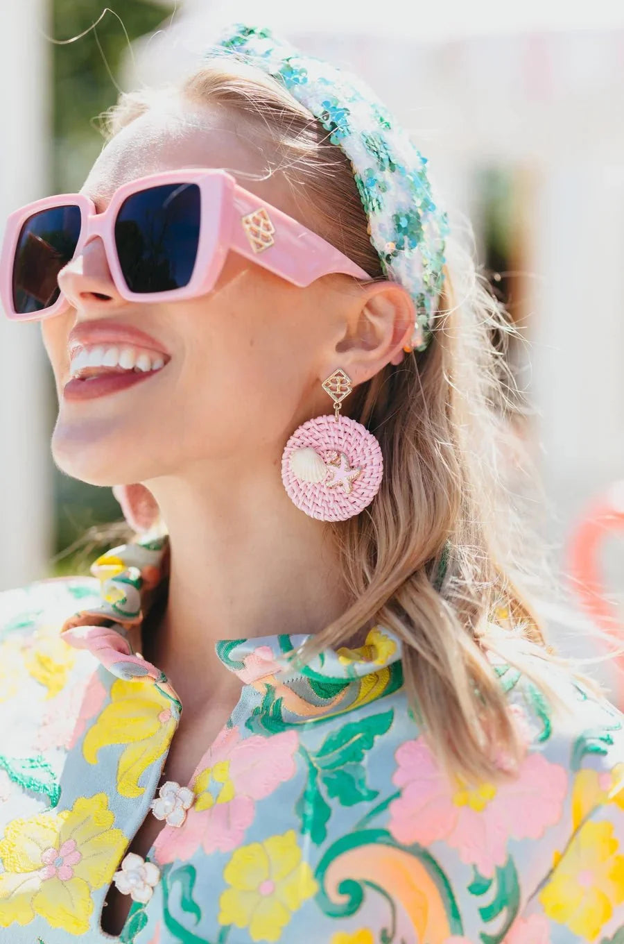 Brianna Cannon BEACH HOUSE RATTAN EARRINGS IN PINK