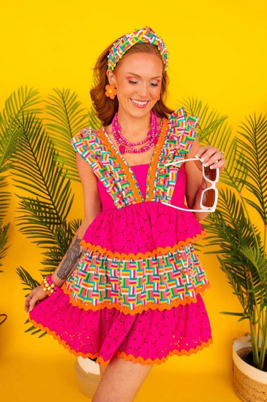 Brianna Cannon - Rainbow Parquet and Pink Eyelet Ruffle Dress