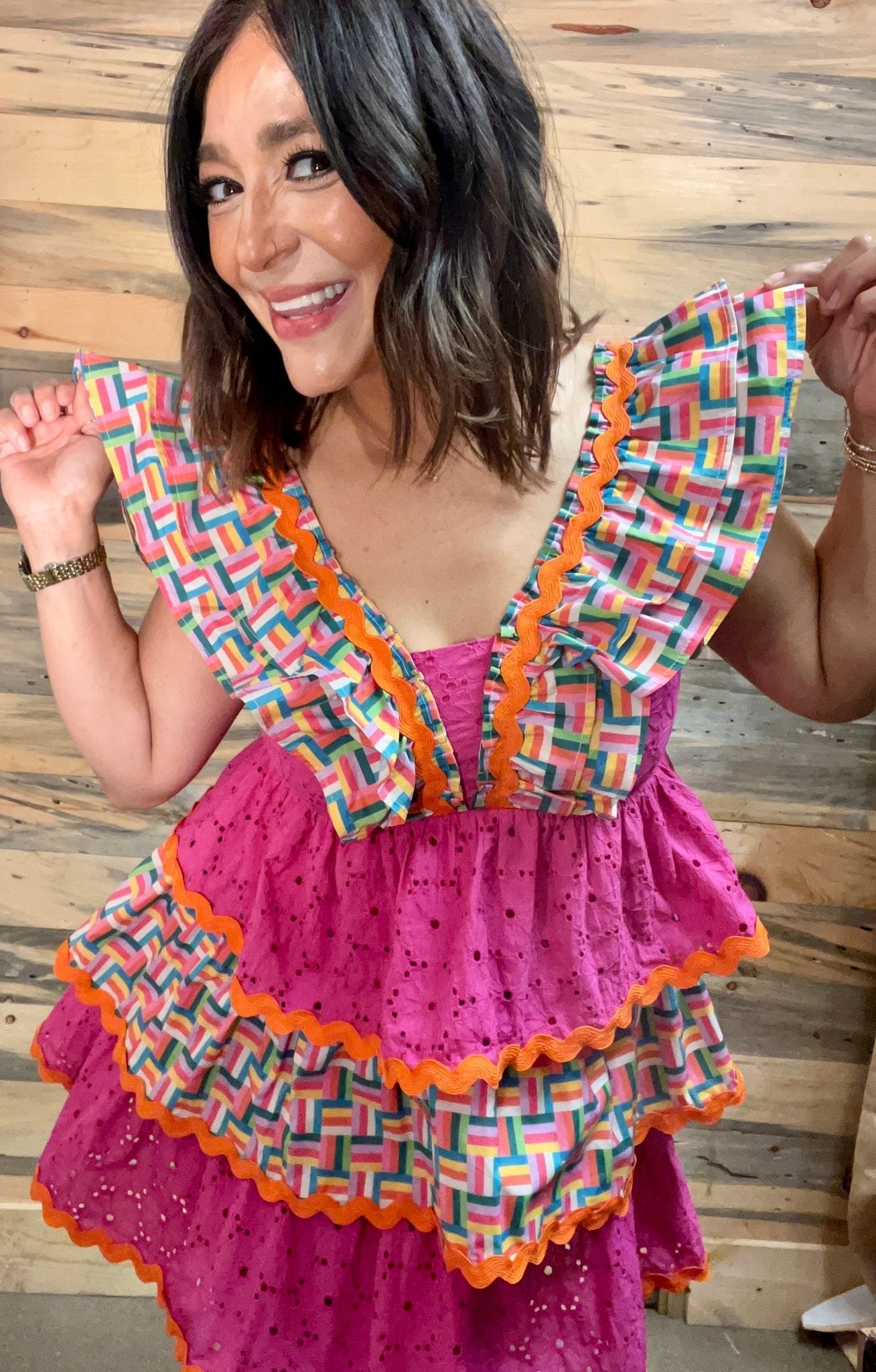 Brianna Cannon - Rainbow Parquet and Pink Eyelet Ruffle Dress