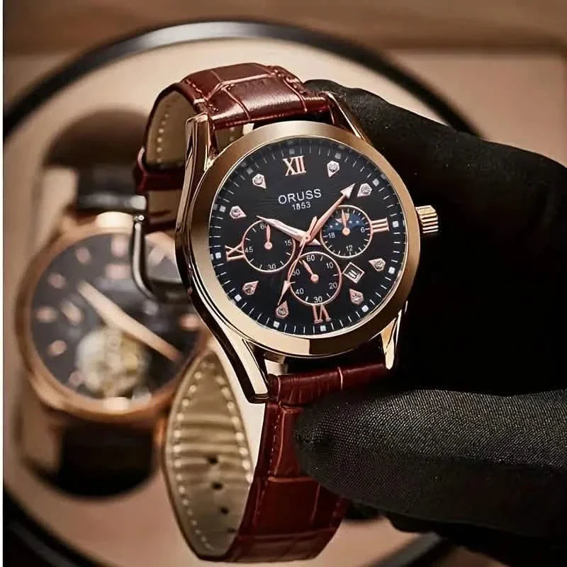 Montre-bracelet à quartz en cuir marron