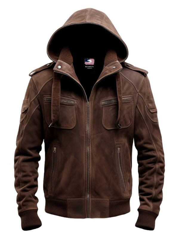 Brown Slim Fit Suede Hooded Leather Jacket