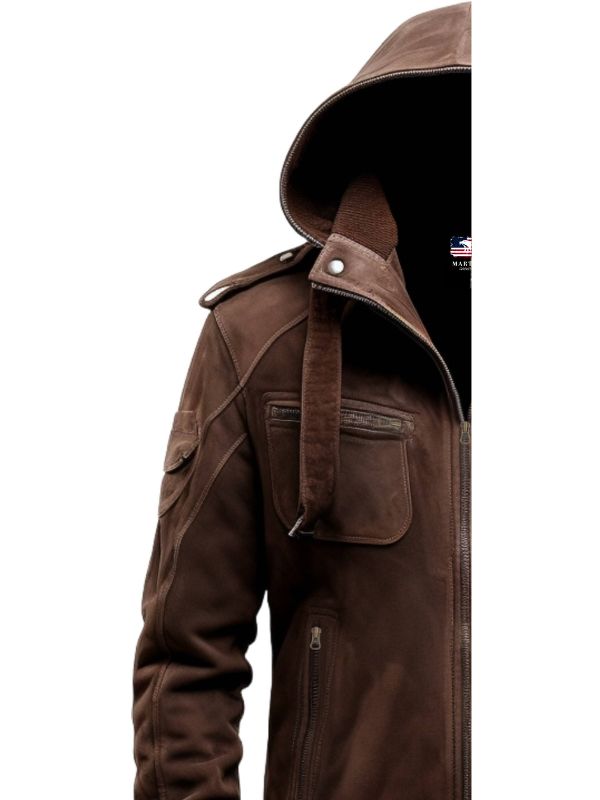 Brown Slim Fit Suede Hooded Leather Jacket