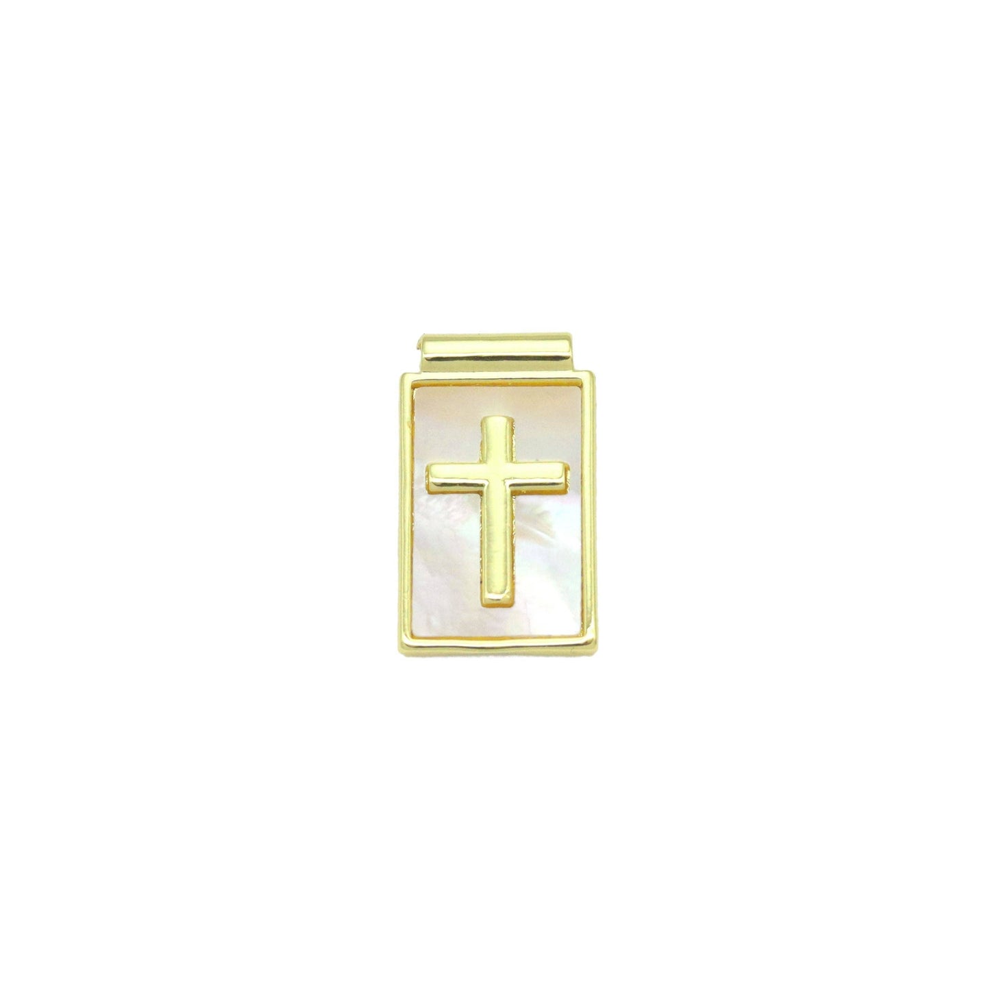 Gold Cross on Mother of Pearl Cross Rectangle Shape Charm Pendant, Sku#LK1051