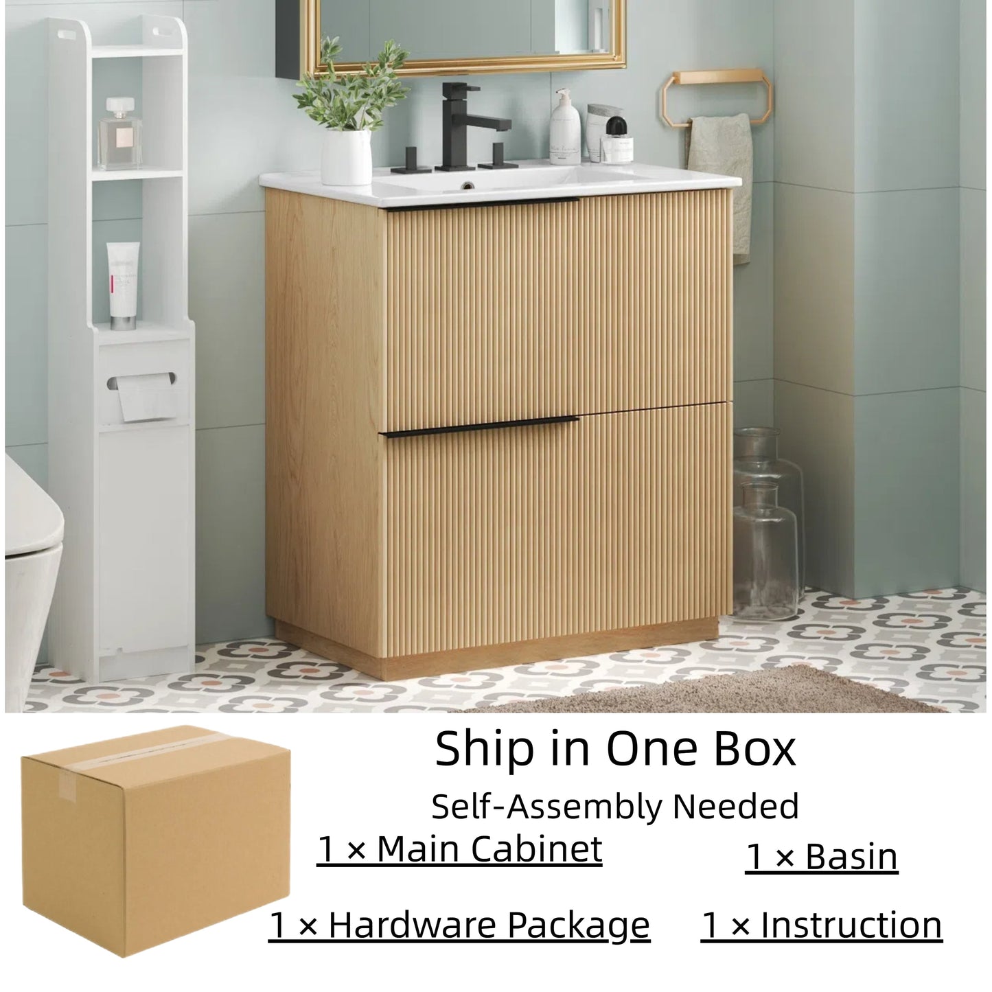 30" Bathroom Vanity with Ceramic Sink and Full-Extension Drawers