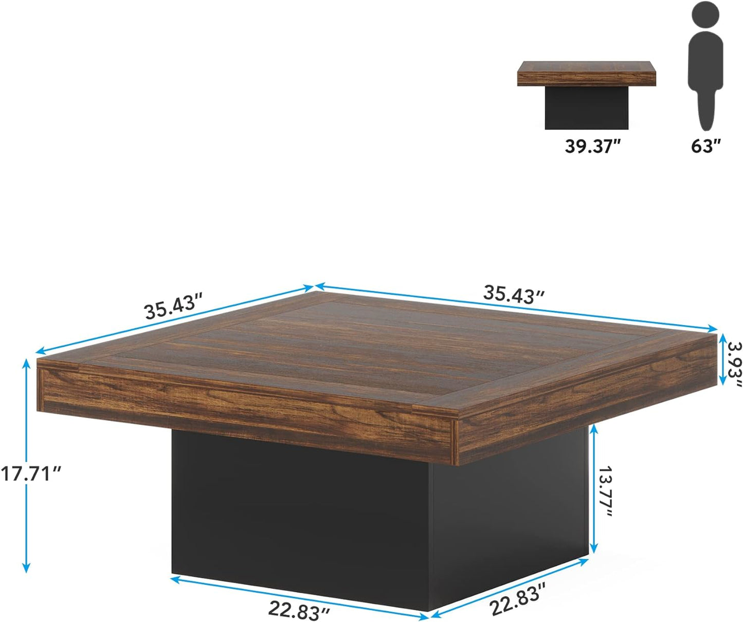 35.4 Inches Farmhouse Square LED Coffee Table – Rustic