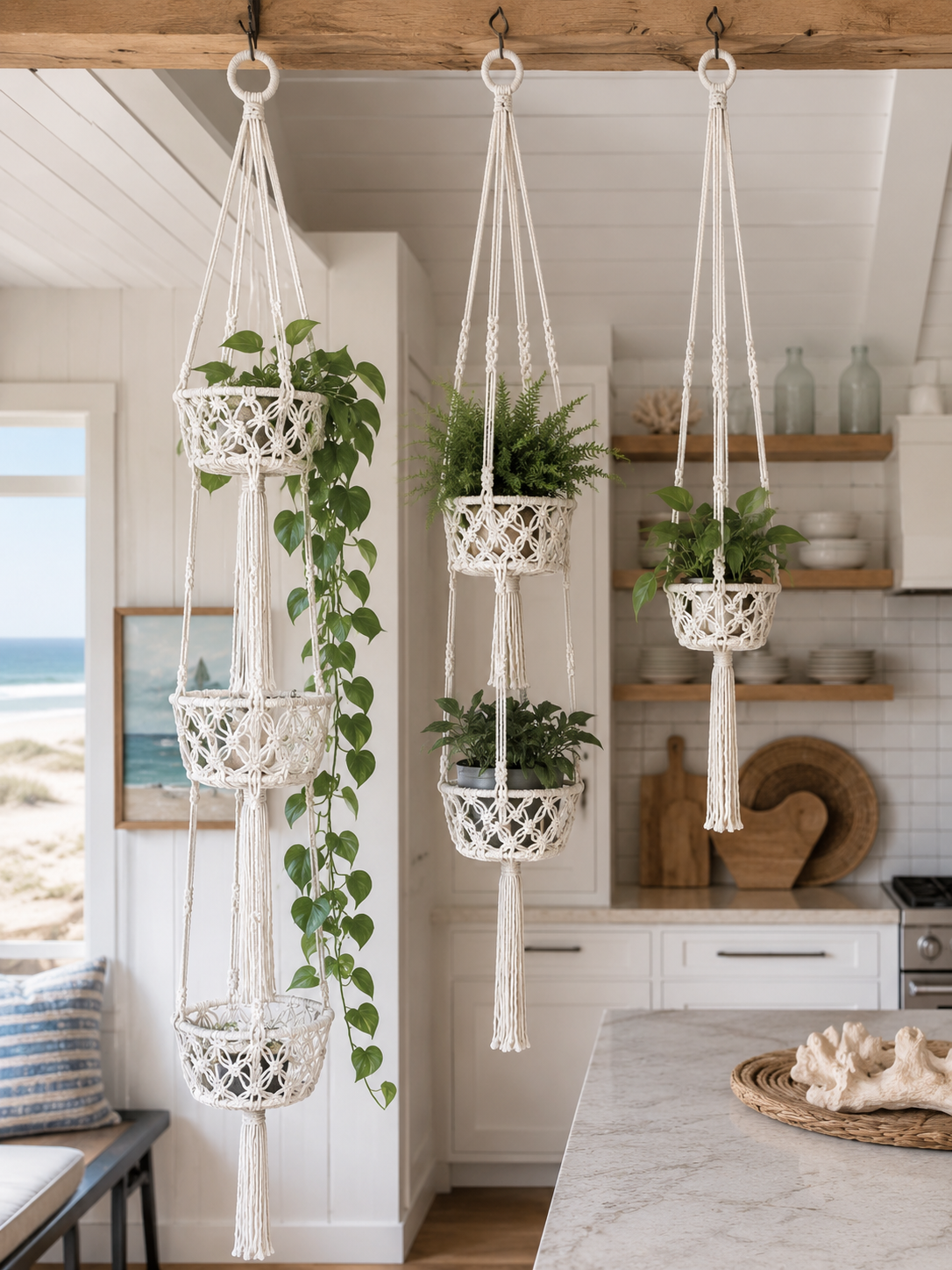 White Macrame Hanging Pot Holder Assorted Set/3 pcs