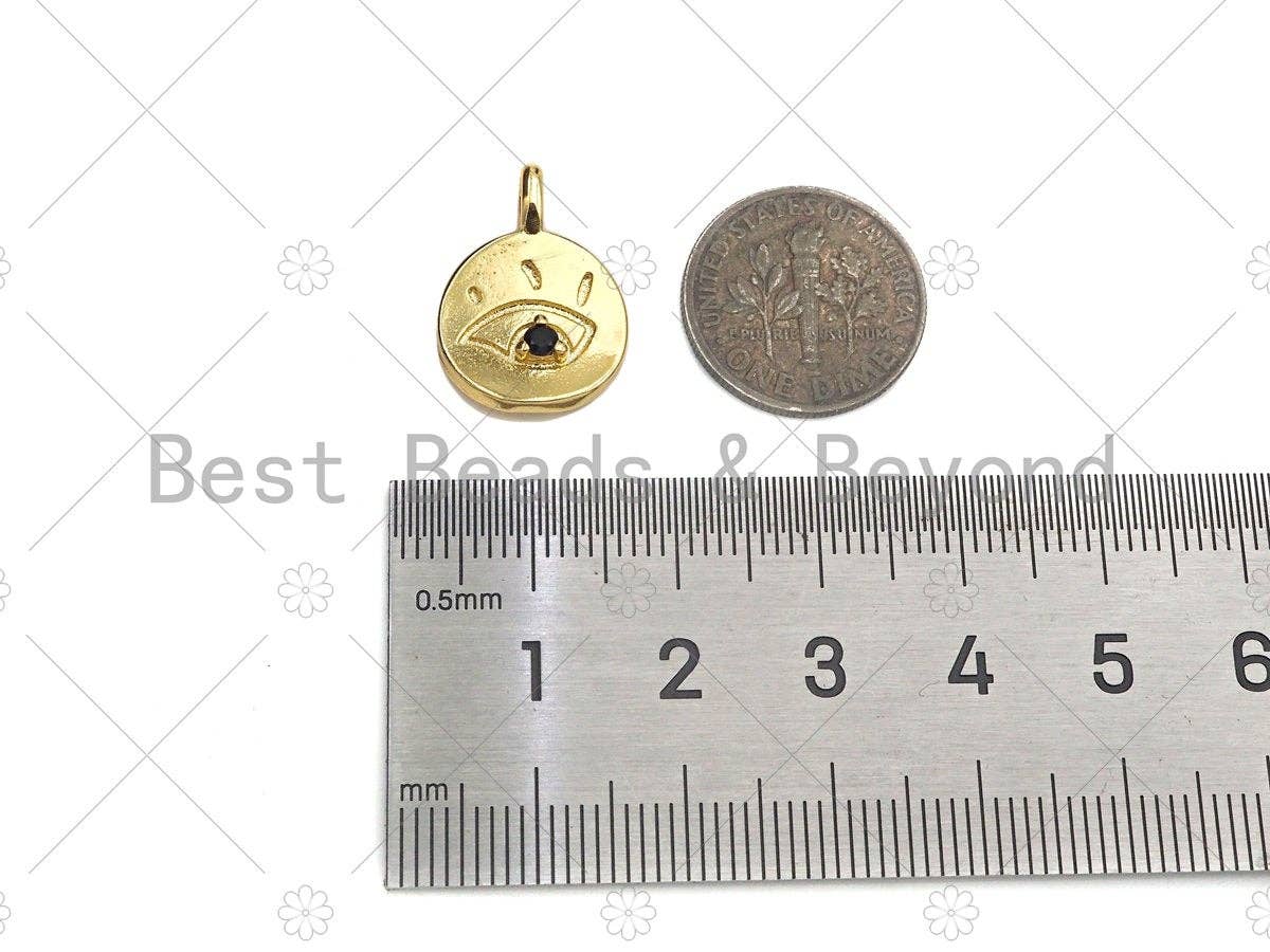 Black CZ Micro Pave Evil Eye On Round Coin Shape Charm, 18K Dainty Gold Medallion Charm, Necklace Bracelet Charm Pendant,14x19mm, Sku#LK252