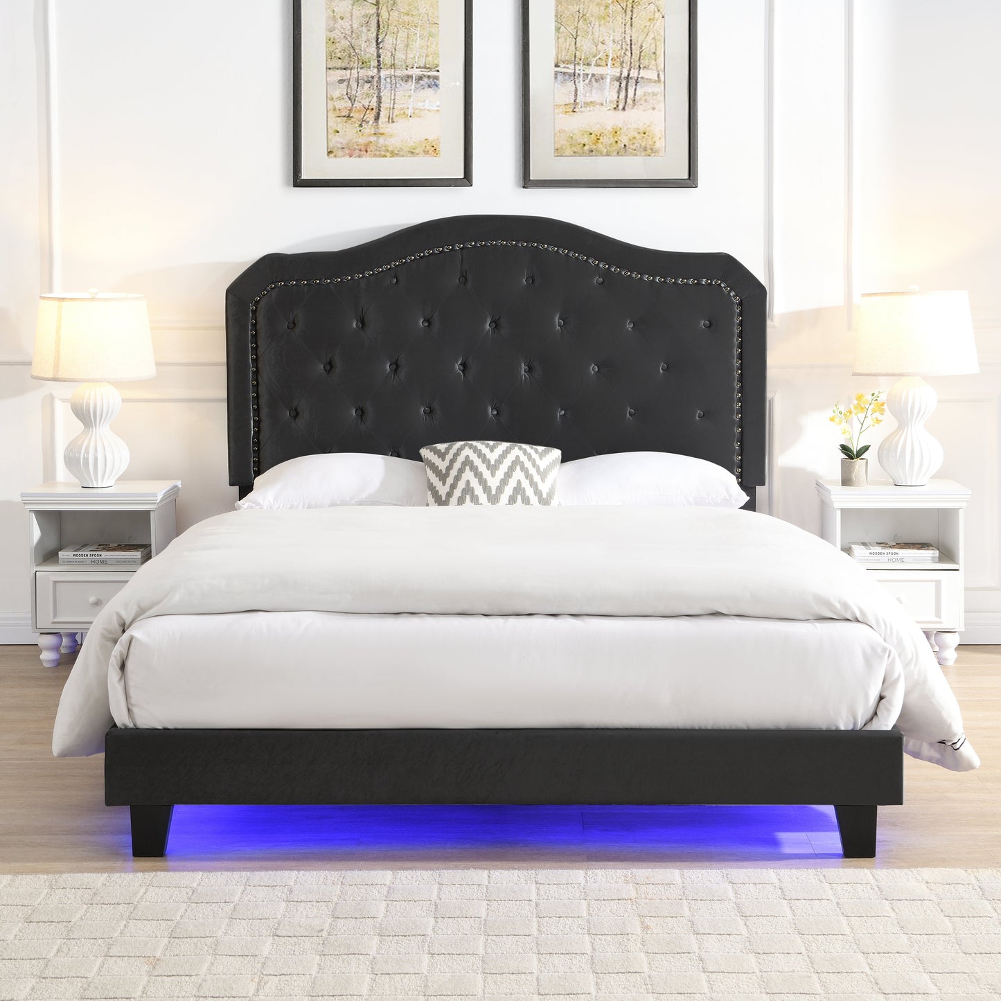 Upholstered Bed Button Tufted with Curve Design