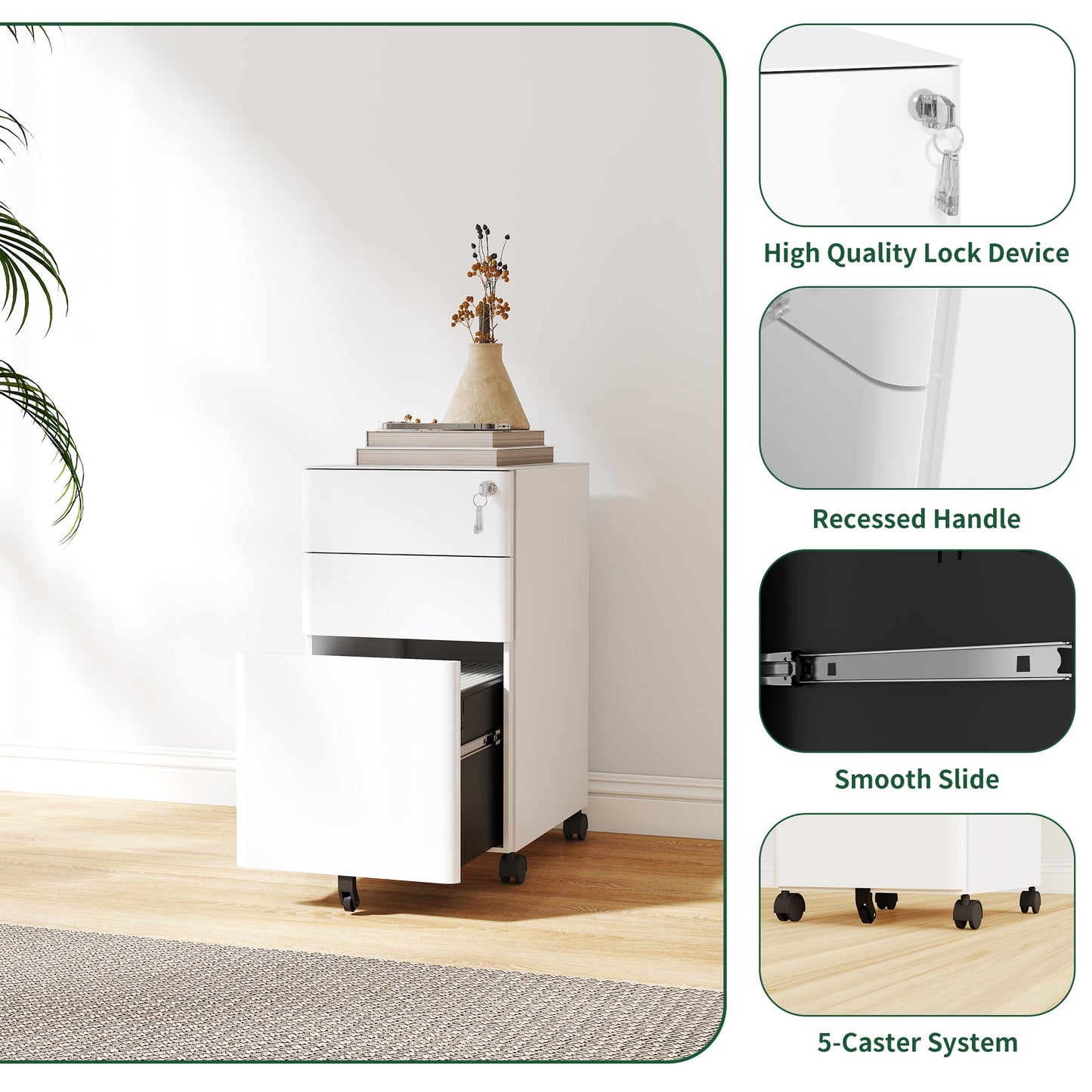 3-Drawer Mobile File Cabinet with Lock
