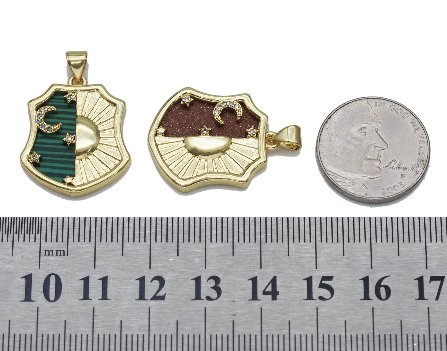 Gold CZ Moon Star Sun On Gemstone Shield Charm, Sku#LX99