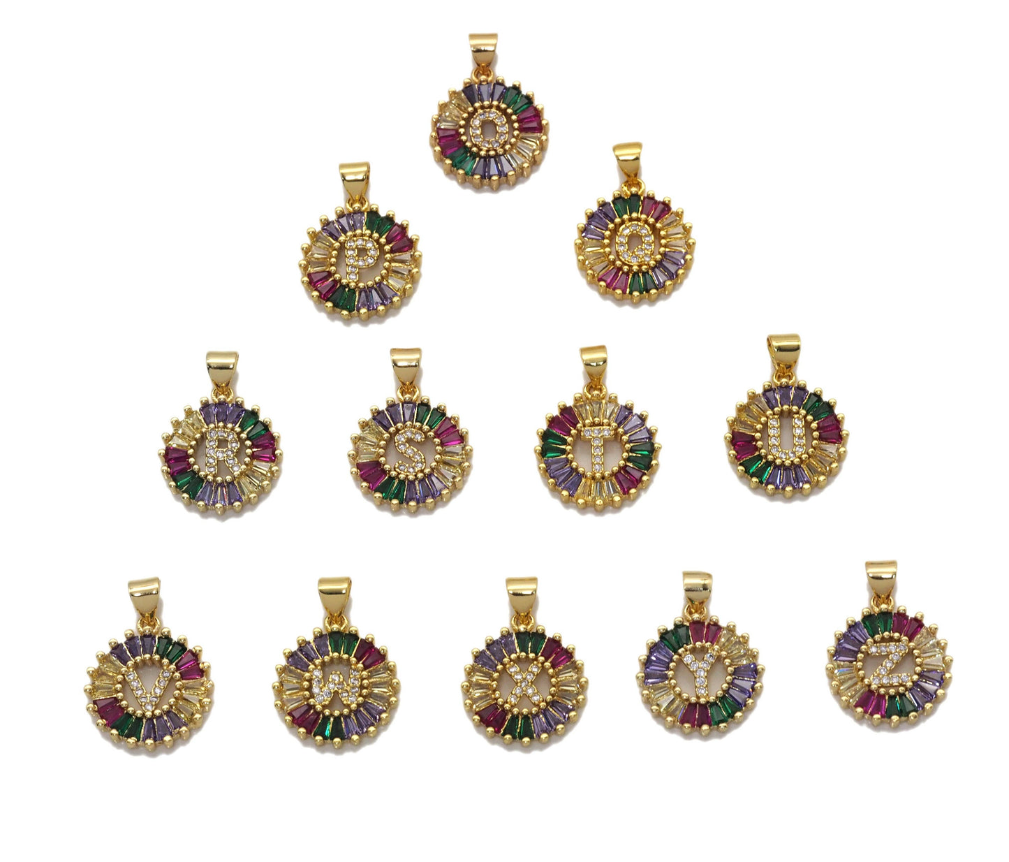 Colorful Baguette CZ initial Letters Round Charm, Sku#JL174