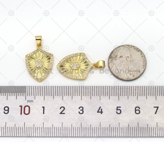 CZ Micro Pave Heart on Shield Shape Pendant, 18K Gold Filled Medallion Charm, Necklace Bracelet Charm,Sku#LK533