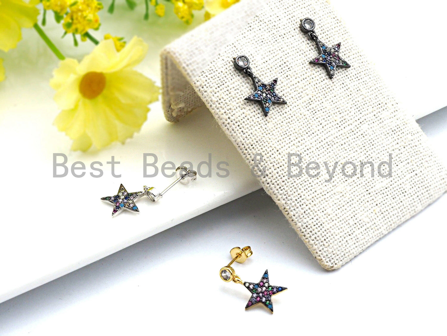 CZ Micro Pave Five Star Shape Dangle Earrings, Cubic Zirconia Gold/Silver/Rose Gold/Black Stud Earring, 12x17mm,sku#J59