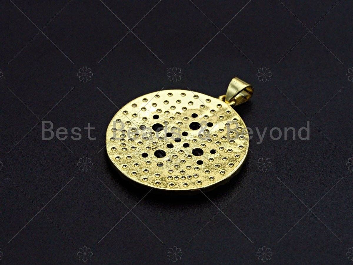 18K Gold Black CZ Cross On Round Coin Shape Pendant, Gold Coin Charm, Cross Pave Pendant, Men's Jewerly Findings, 25mm, Sku#LK61