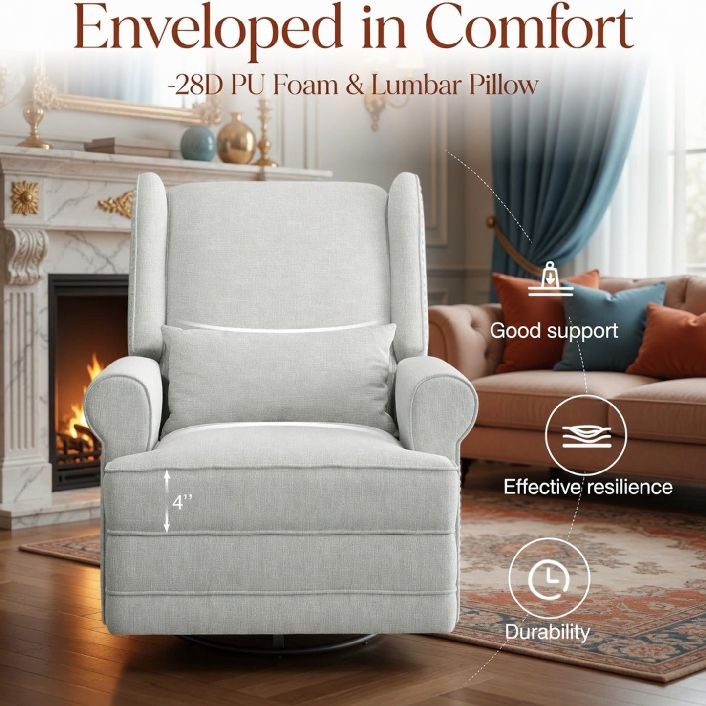 34.25" Extra Wide Off-White Swivel Recliner Glider Chair