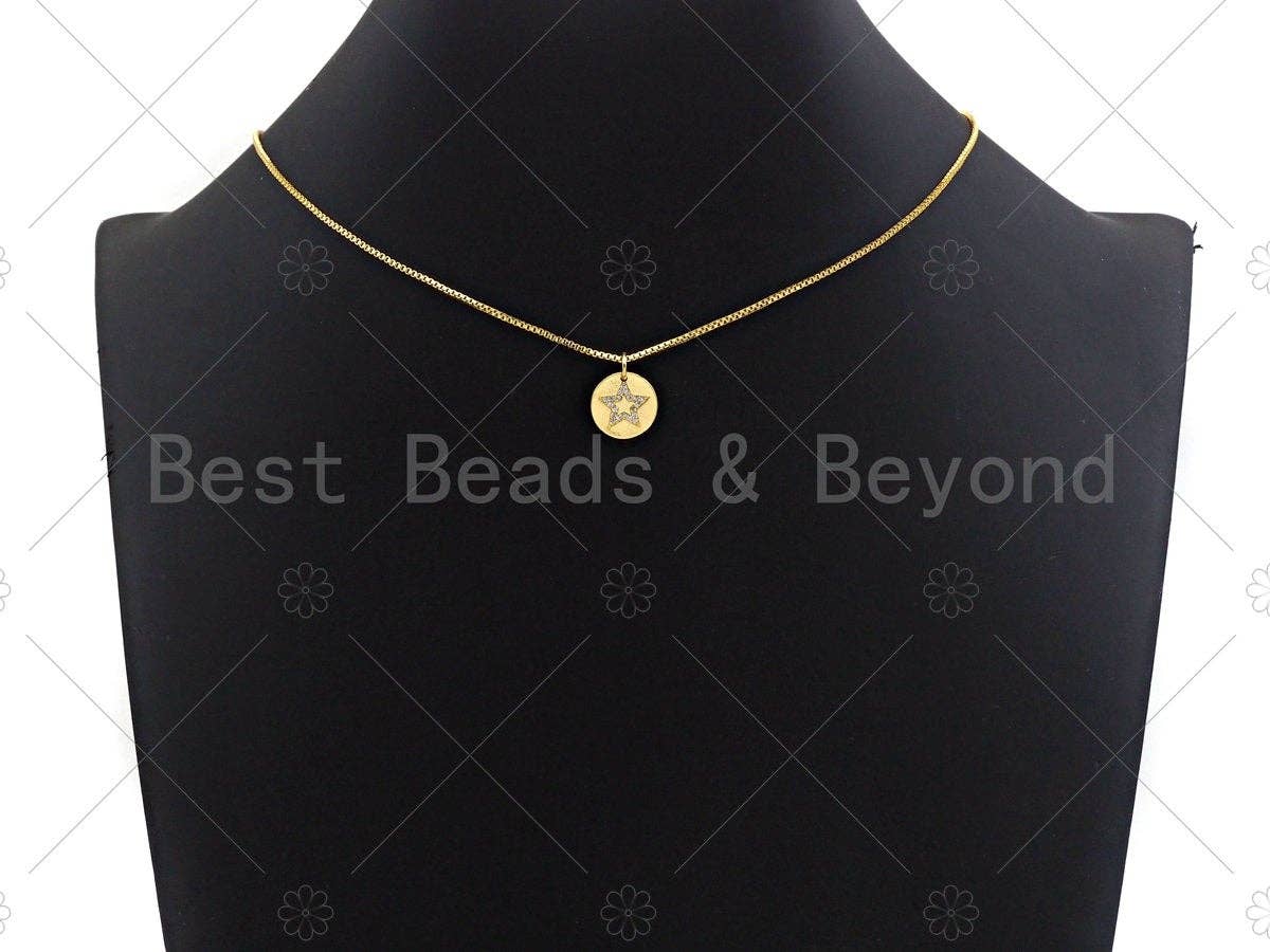 CZ Clear Micro Pave Five Point Star On Round Coin Pendant, Star Pave Pendant, Dainty Gold Coin Charm, 12mm, Sku#Z1140