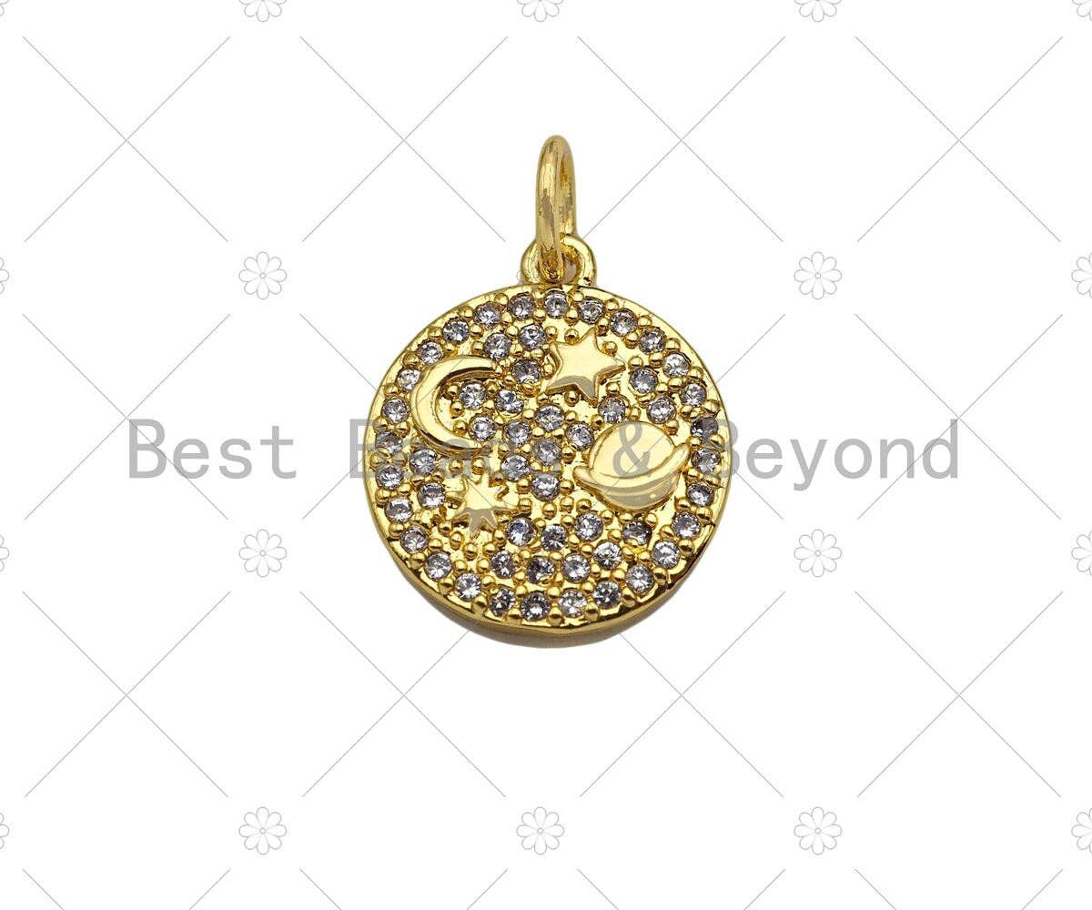 CZ Micro Pave North Star Moon Globe On Round Coin Shape Charm,Cubic Zirconia Medallion Charm, Necklace Bracelet Charm,12x14mm, Sku#LK234