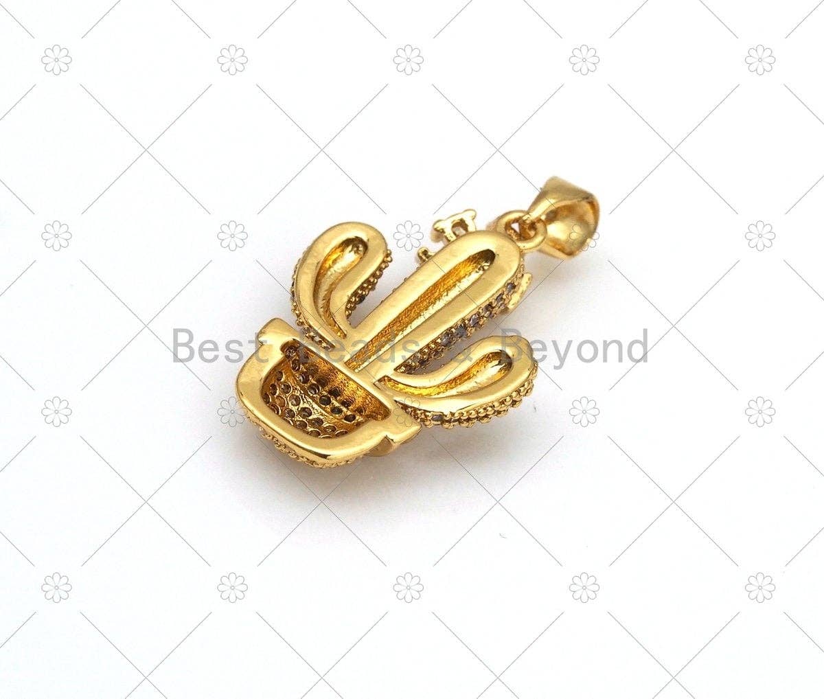 CZ Micro Pave Cactus Shape with Big CZ Flower Pendant,18K Gold Filled Cactus Charm, Necklace Bracelet Charm Pendant,17x23mm,Sku#LK465