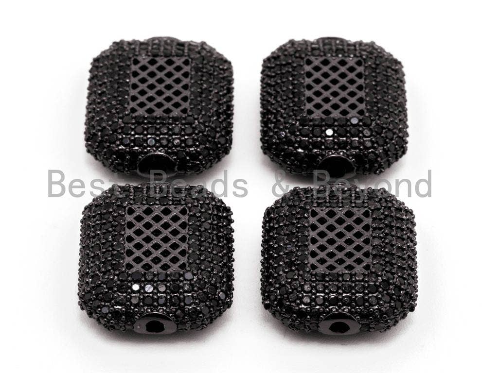 Black CZ Pave On Black Big Square Cushion Spacer Micro Pave Beads, Cubic Zirconia Space Beads, Men's Jewelry Findings, 17x20x7mm, SKU#G326