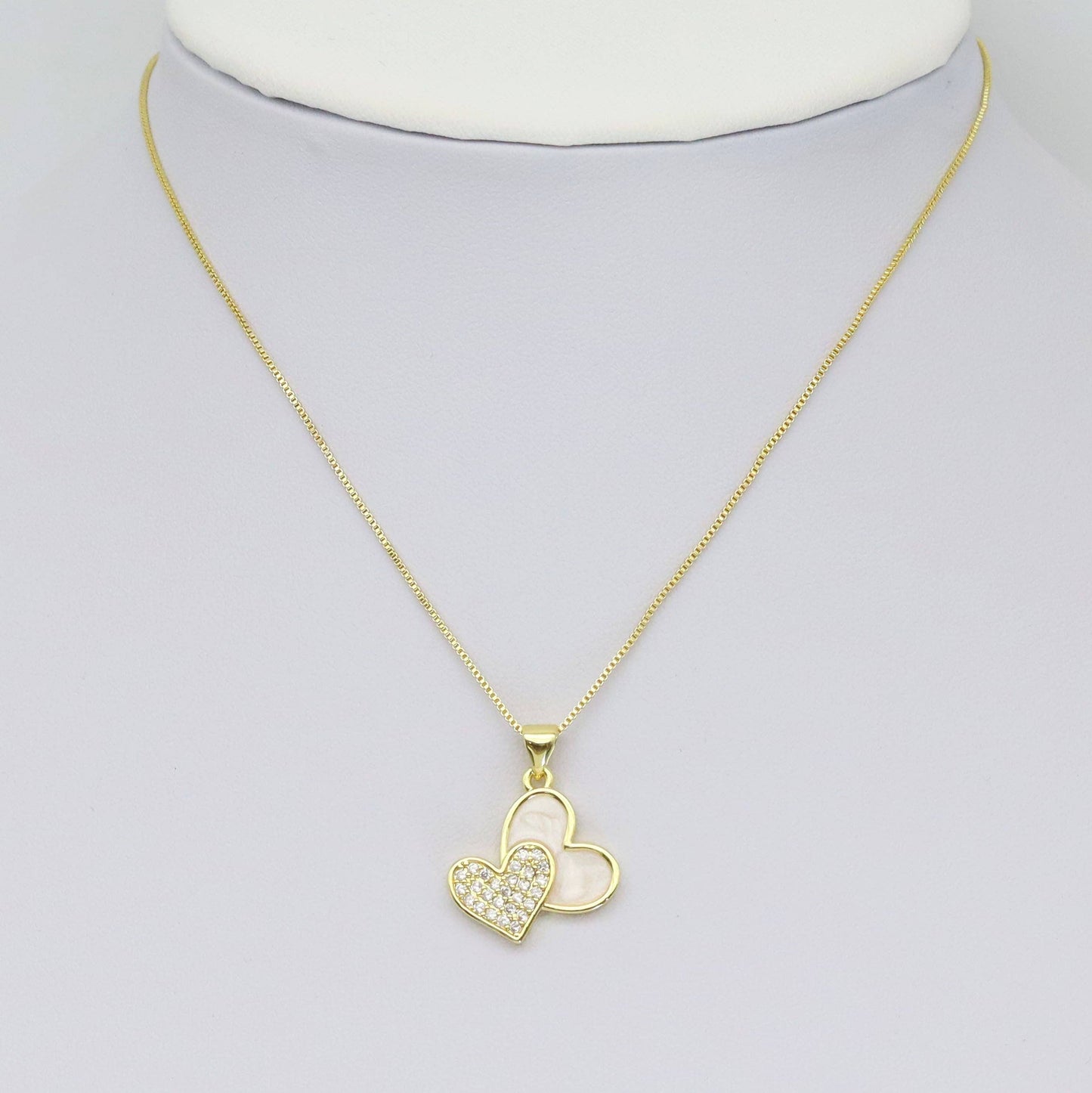 CZ Double Heart White Enamel Gold Charm, Sku#LK923