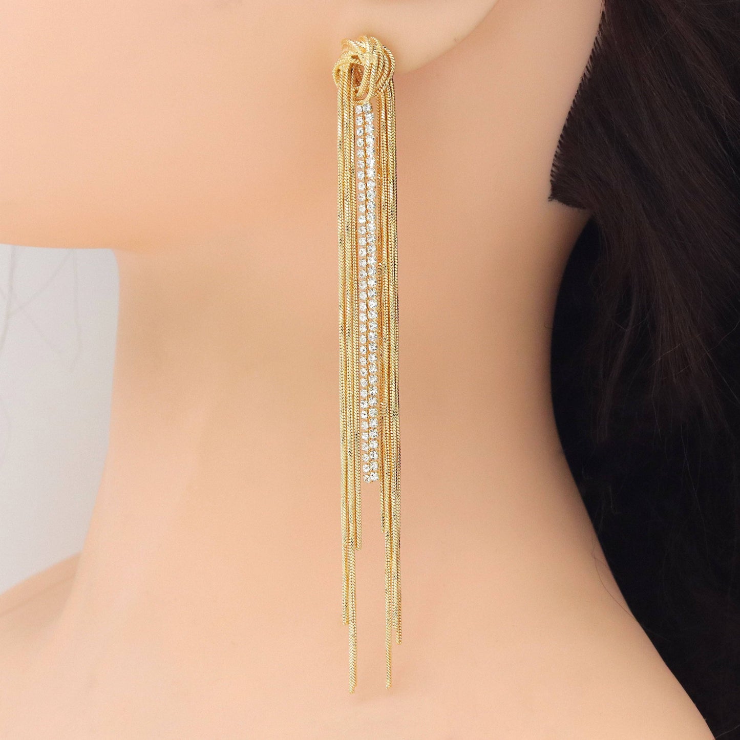 Gold Slinky Long Statement Earrings, Sku#ZX222