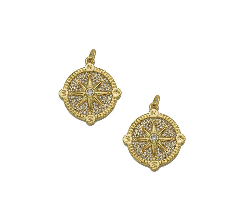 Gold CZ Pave North Star Medallion Coin Charm, Sku#LX116