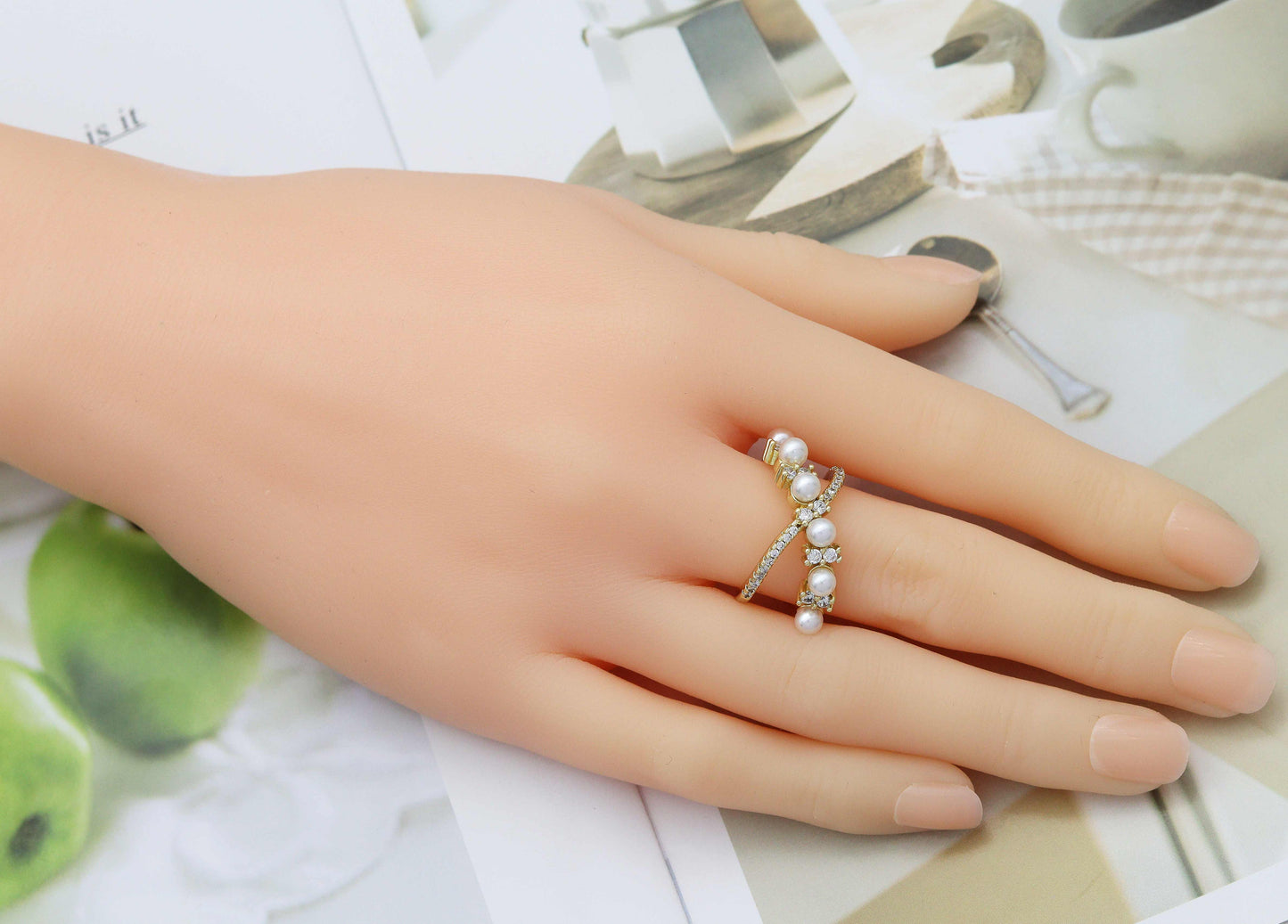 CZ Gold Pearl Cross Adjustable Ring, Sku#JL137