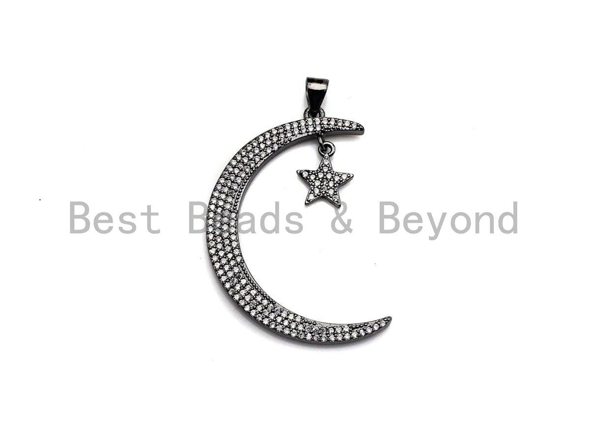 CZ Micro Pave Crescent Moon and Star Pendant ,Gold/Silver/Bl