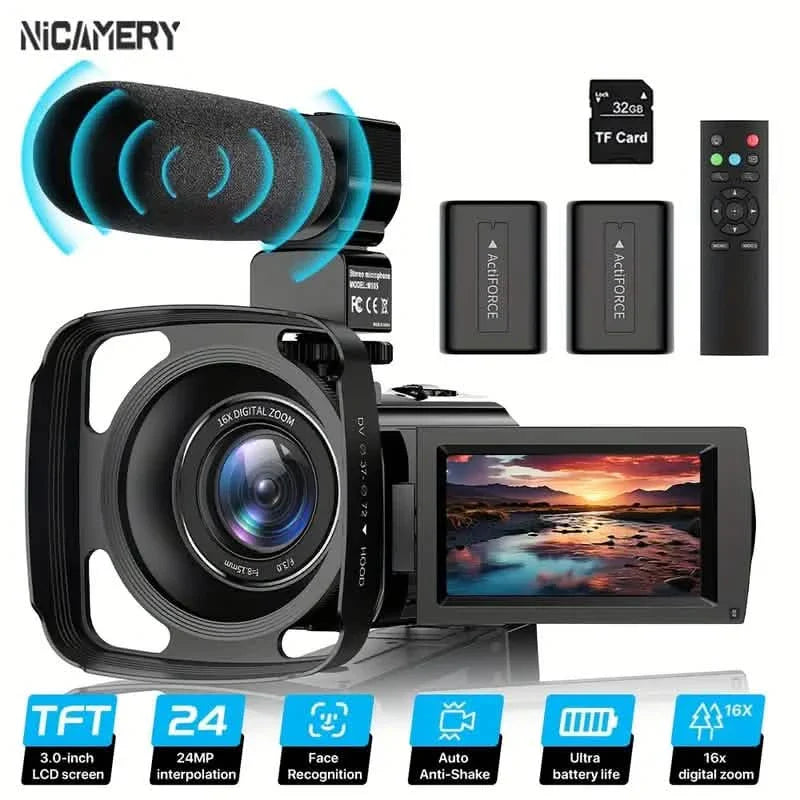 Appareil photo numérique HD 1080P avec zoom 16x, livré avec 2 batteries, carte TF 32 Go, micro, pare-soleil et sac.