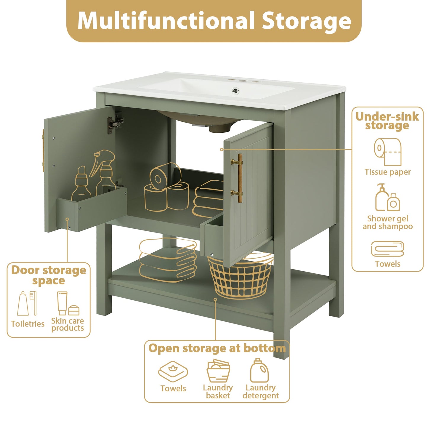 30-Inch Green Bathroom Vanity with Ceramic Sink