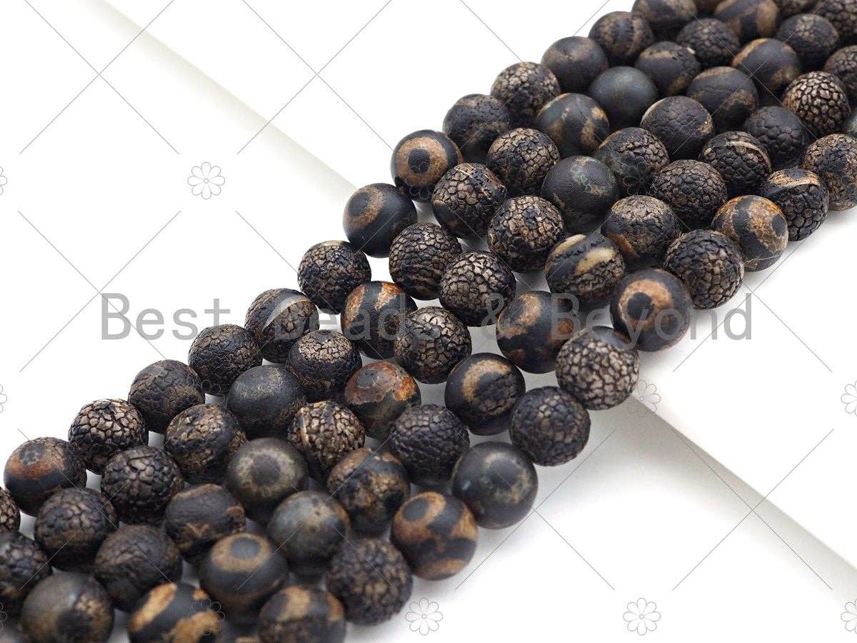 Natural Tibetan Black Agate with Evil Eye Beads, Dzi Eye Agate Beads, 10mm/12mm Tibetan Round Smooth Agate,15.5" Full Strand, Sku#U1108