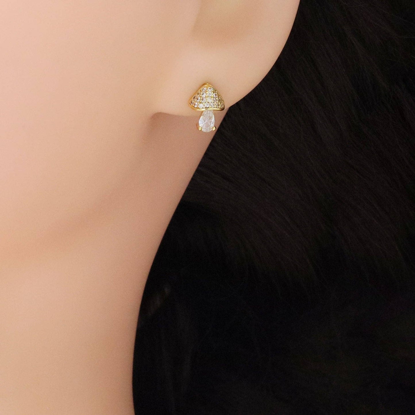 Clear CZ Mushroom Gold Silver Stud Earrings, Sku#A177