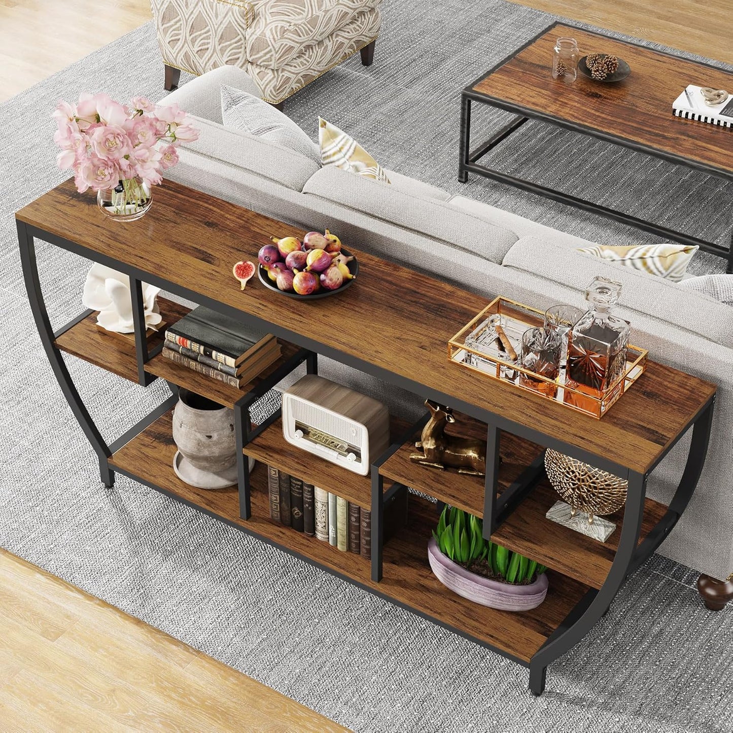 70.9” Industrial Console Sofa Table with 7-Tier Storage Shelves