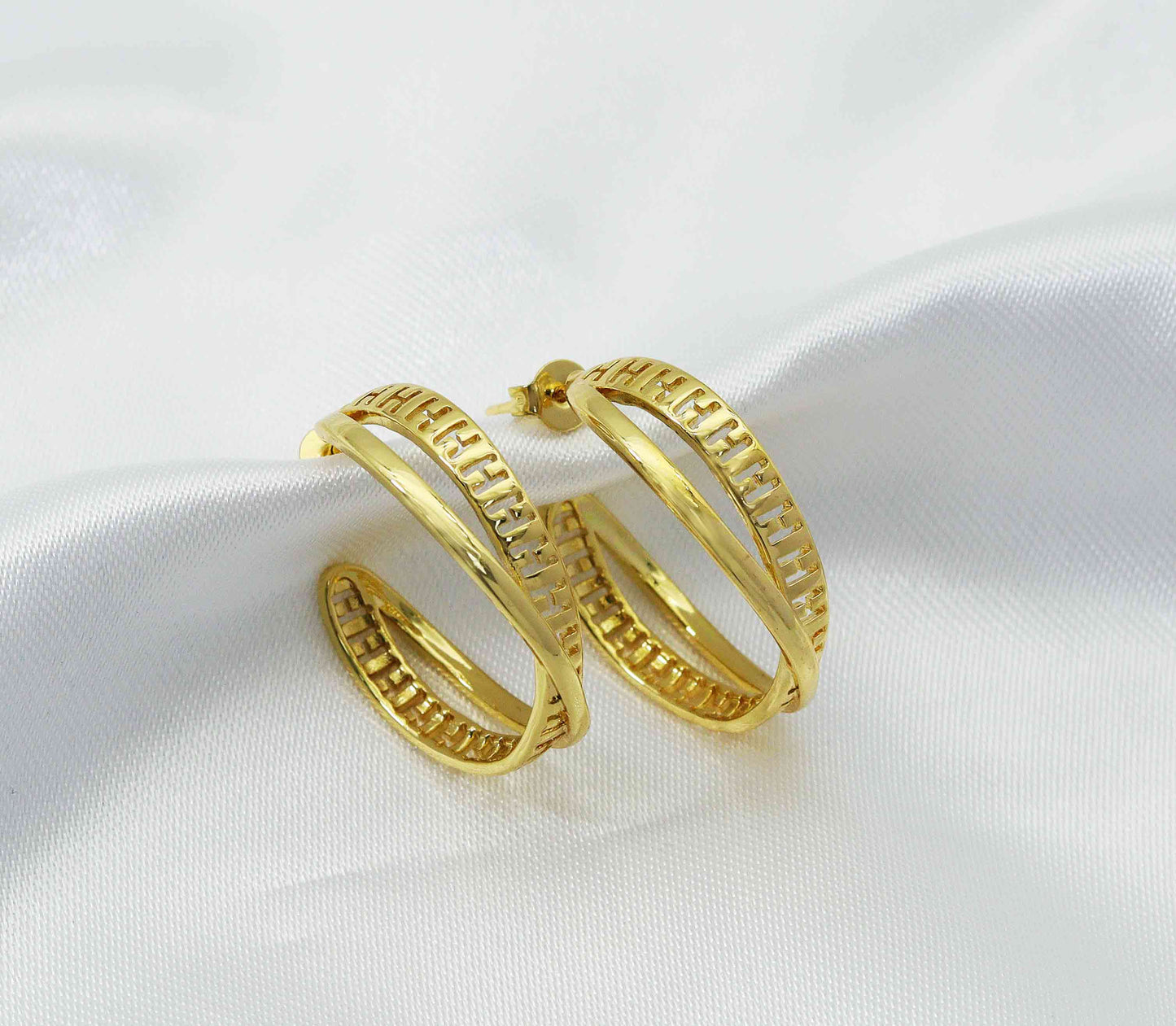 Gold Double Round Ring Huggie Earrings, Sku#J353