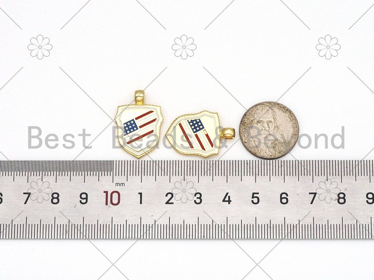 US Flag On Shield Shape Enamel Pendant, 18K Gold Filled Flag Charm, Necklace Bracelet Charm Pendant,18x25mm, Sku#LK439