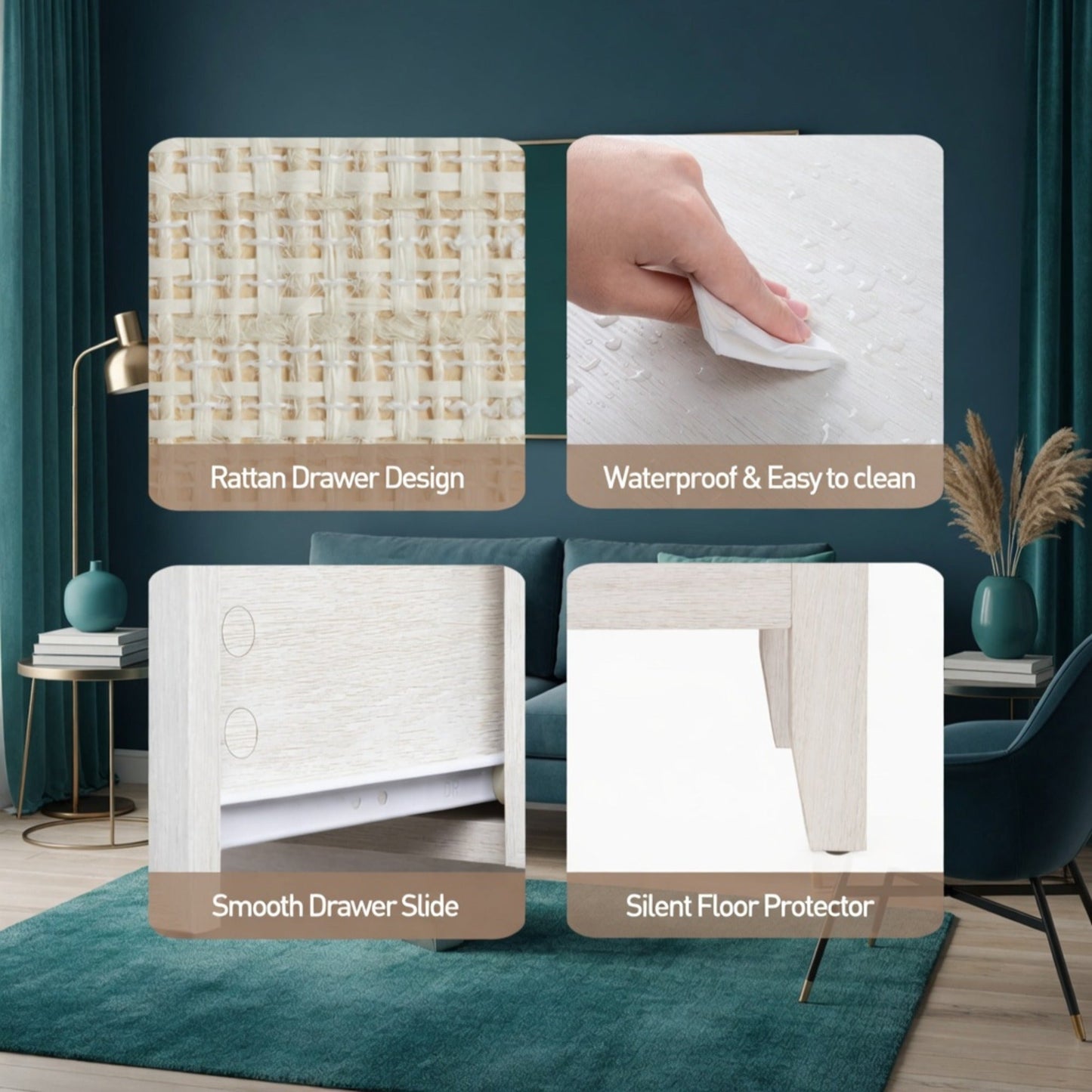 17.7" White Rattan Nightstand