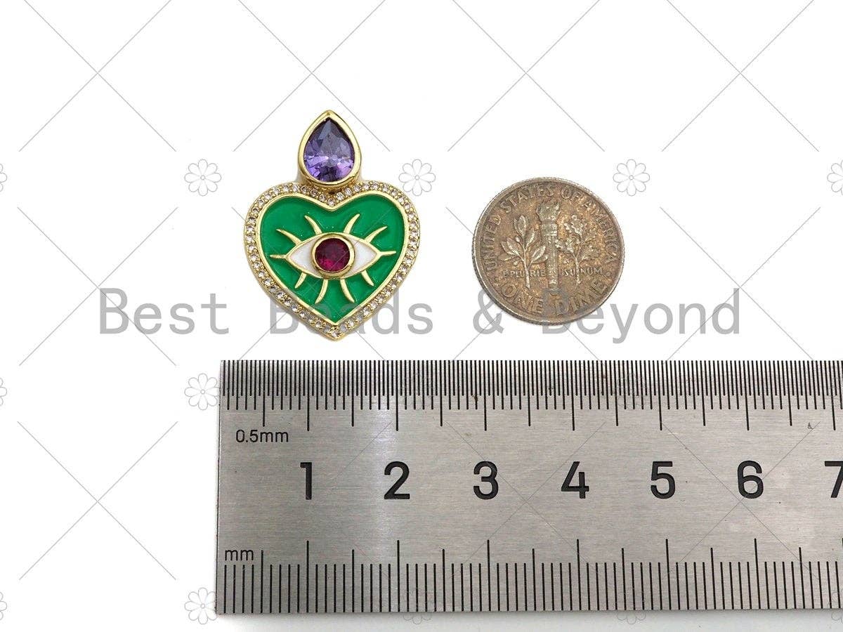 Fuchsia CZ Evil Eye On Green/Black Enamel Heart Pendant, 18K Gold Filled CZ MicroPave Charm, Necklace Bracelet Charm, 20x27mm,Sku#Z1264