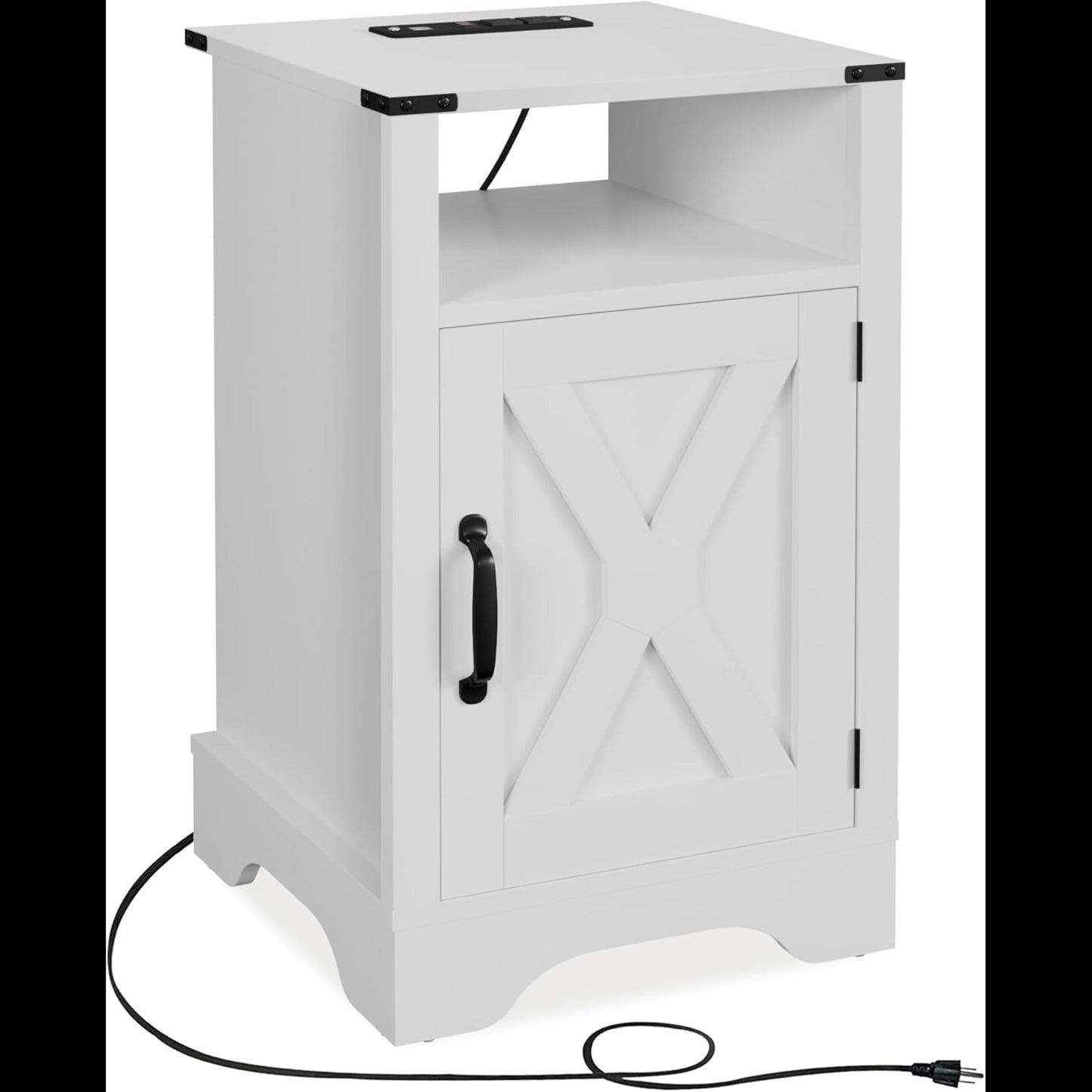 16" White Farmhouse Nightstand with Charging Station